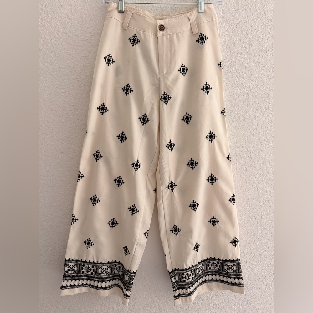 Wide Leg Embroidered Cream Pants with Black Motif
